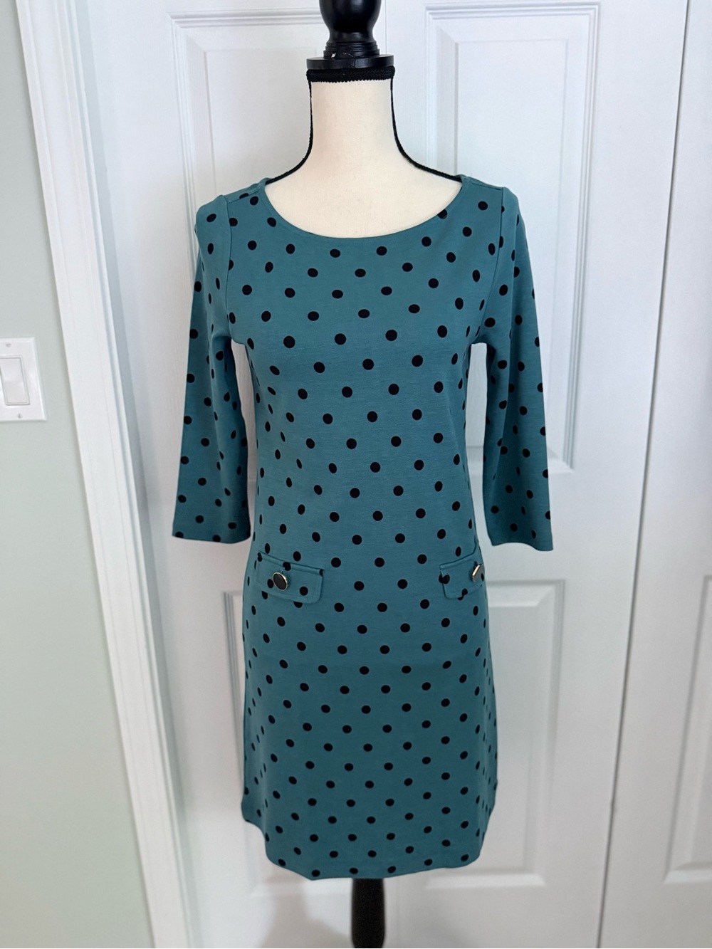Ann Taylor Factory Slate Blue Polka Dot Shift Dress XSP Petite 3/4 Sleeve